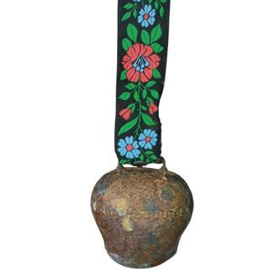 Vintage Rusty German Cowbell Handmade With Embroidered Floral Strap 8" x 2.5"